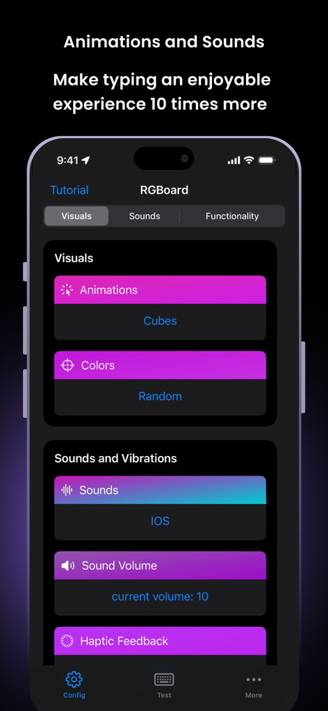 RGBoard: Animated Keyboard - RGBoard app interface showing keyboard animation and sound customization options