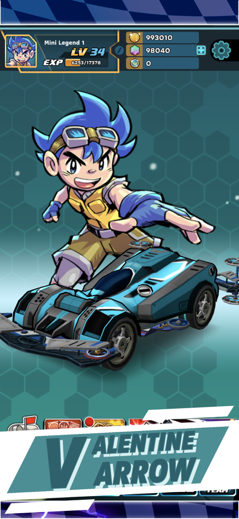 A screenshot of Mini Legend 4WD Racing Sim showing the Valentine Arrow car and an anime character.