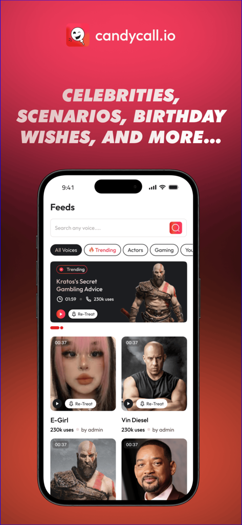 CandyCall app interface showing a feed of trending AI celebrity voices like Kratos and Vin Diesel.