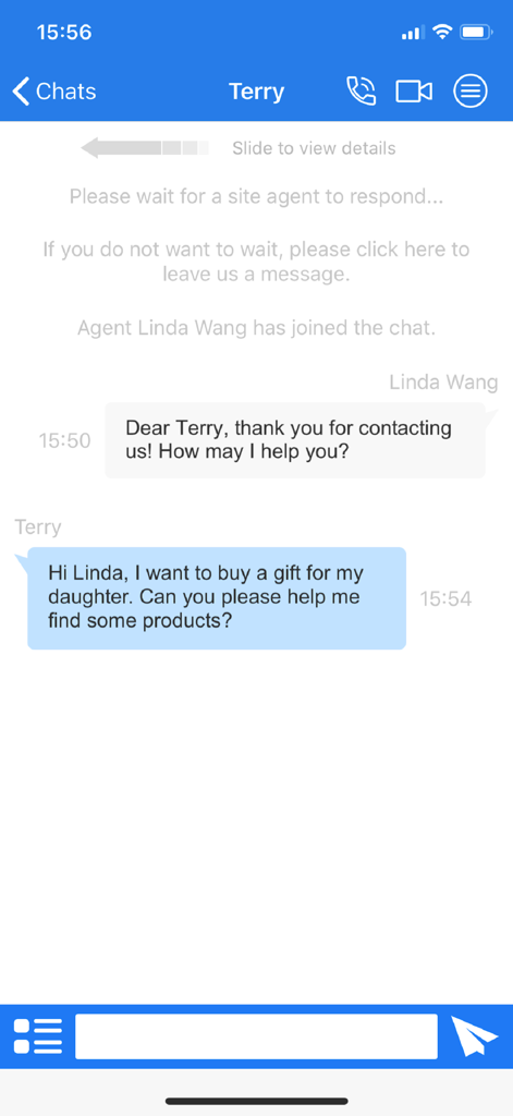 Screenshot of LiveHelp100 mobile app displaying a real-time customer support chat on iPhone