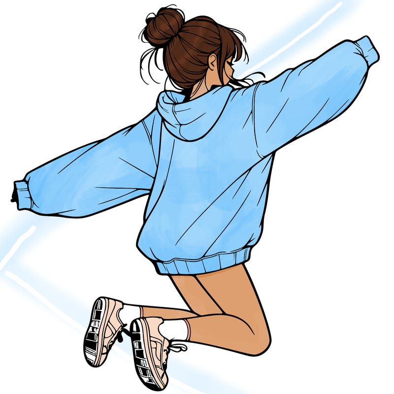 realistic girl jumping with a bun and oversized sweatshirt