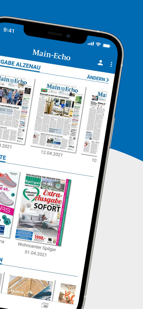 Interface of the Main-Echo E-PAPER app displaying a library of digital newspaper editions on a smartphone.
