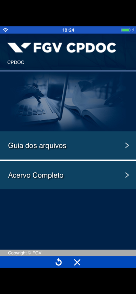 FGV - Tela do aplicativo FGV CPDOC exibindo opções para o guia de arquivo e coleção completa