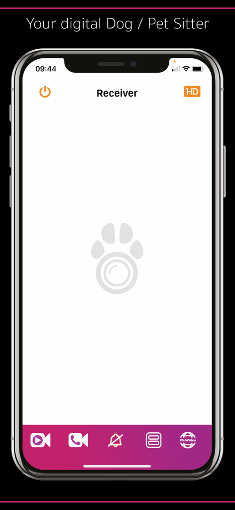 PetCam App - Dog Camera App - PetCam app receiver screen on an iPhone showing a digital dog and pet sitter interface with a paw print icon and navigation menu