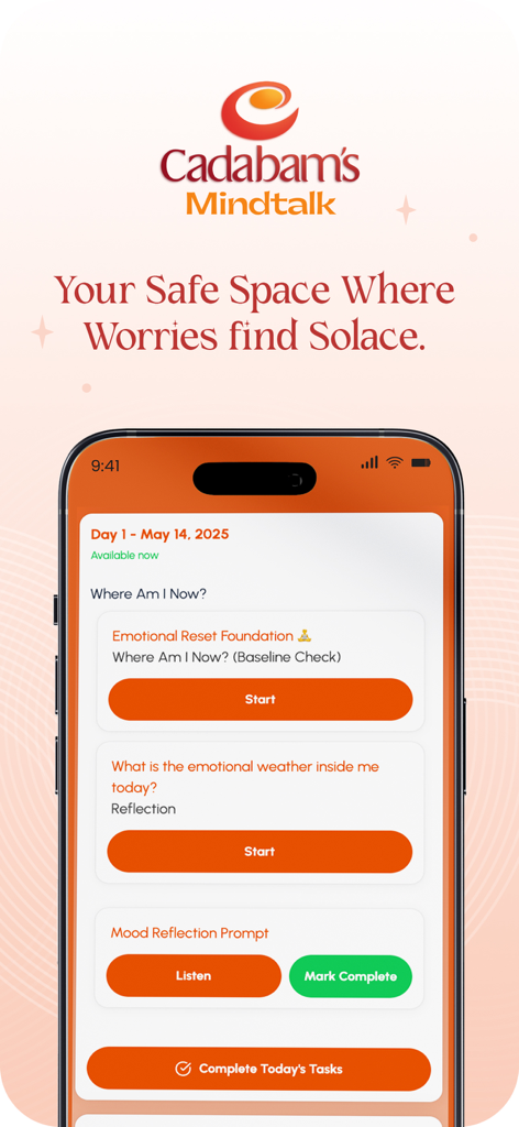Smartphone screen displaying the Cadabams Mindtalk app with daily mental health tasks, including a baseline check and mood reflection prompt.