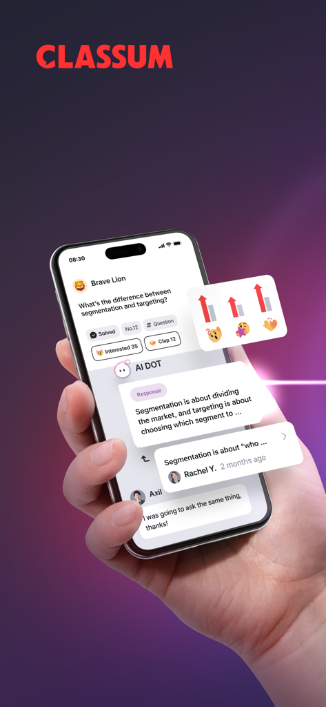 AIチューターがソーシャルメディア風のレイアウトで学生の質問に答えているCLASSUMアプリのインターフェースを示すスマートフォン