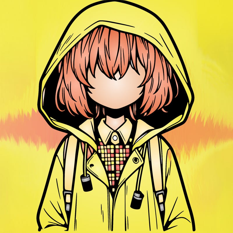 little anime girl in a raincoat her hair is covering her eyes she has a lighter