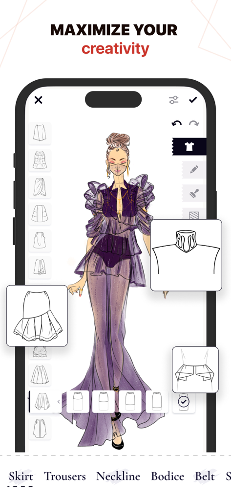 Interface of a fashion design app showing modular clothing components like necklines and skirts on a digital sketch