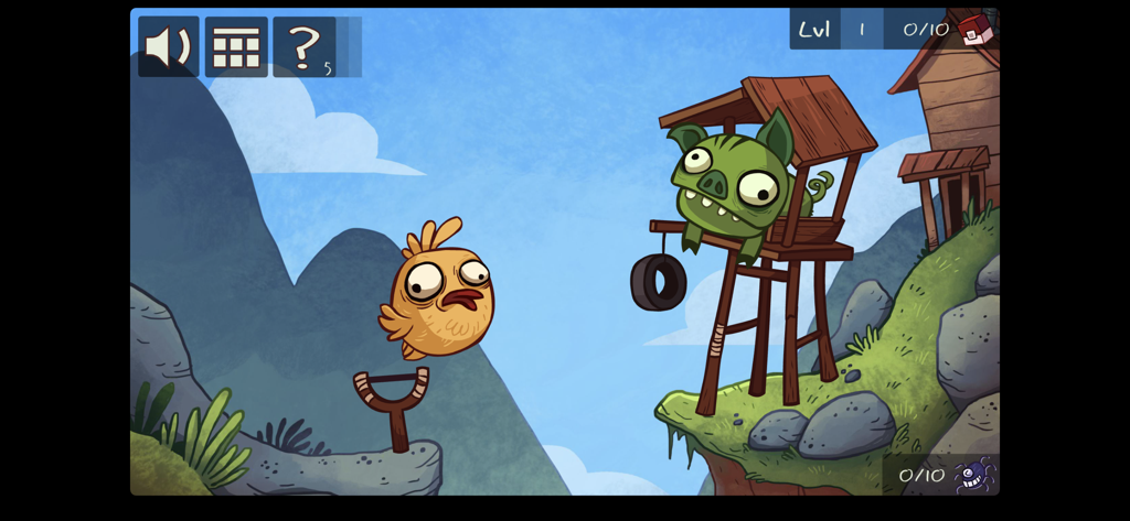 A comical parody of Angry Birds featuring a round bird and a green pig in a wooden tower