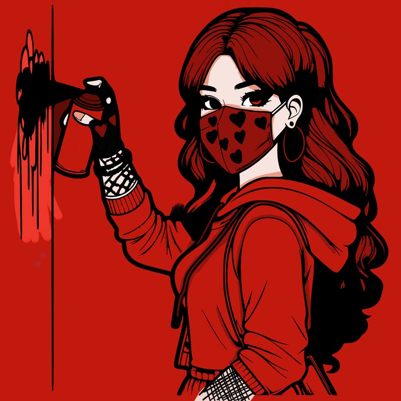 realistic girl with mask spray painting a wall