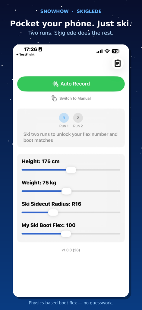Skiglede: Ski Boot Flex Finder - Skiglede-App-Oberfläche mit Schiebereglern für Größe, Gewicht und Skieinstellungen mit einer Auto-Aufnahmetaste für Skifahrten.