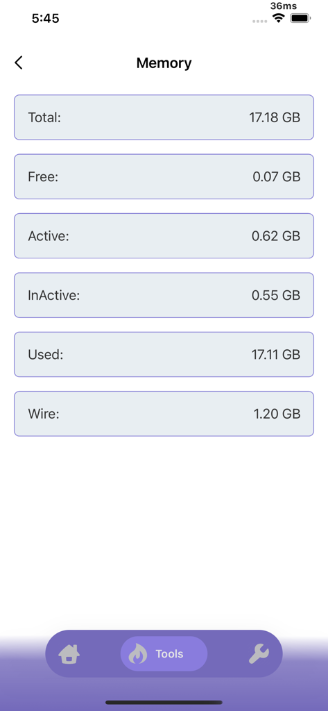 NetClash-Network's Vital Signs - Ein Screenshot der NetClash-App, der eine Aufschlüsselung des Gerätespeichers zeigt, einschließlich verfügbarer und aktiver Gigabyte