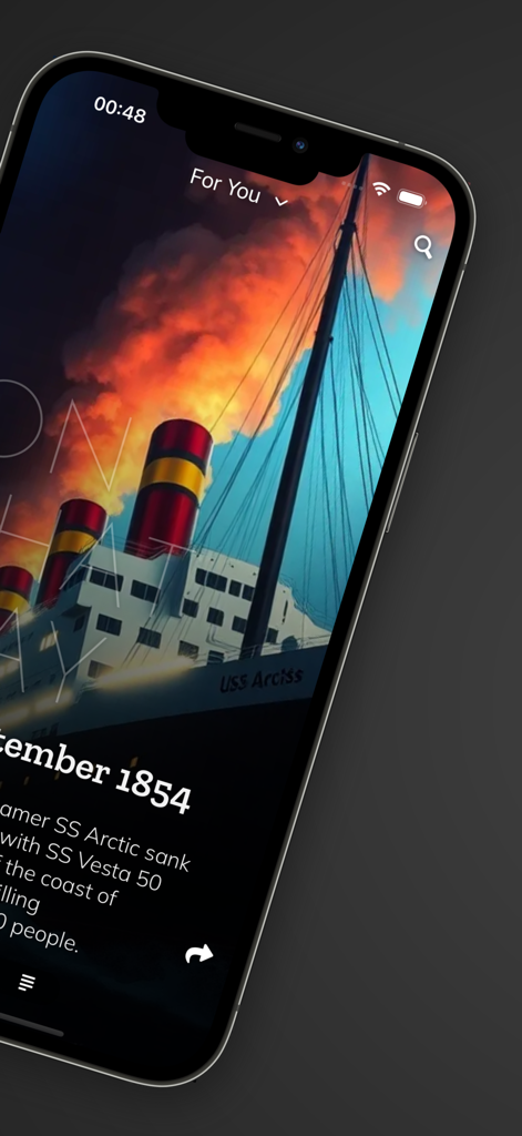 WikTok - Interface do aplicativo WikTok mostrando um feed vertical com um fato histórico sobre o naufrágio do navio SS Arctic em 1854.