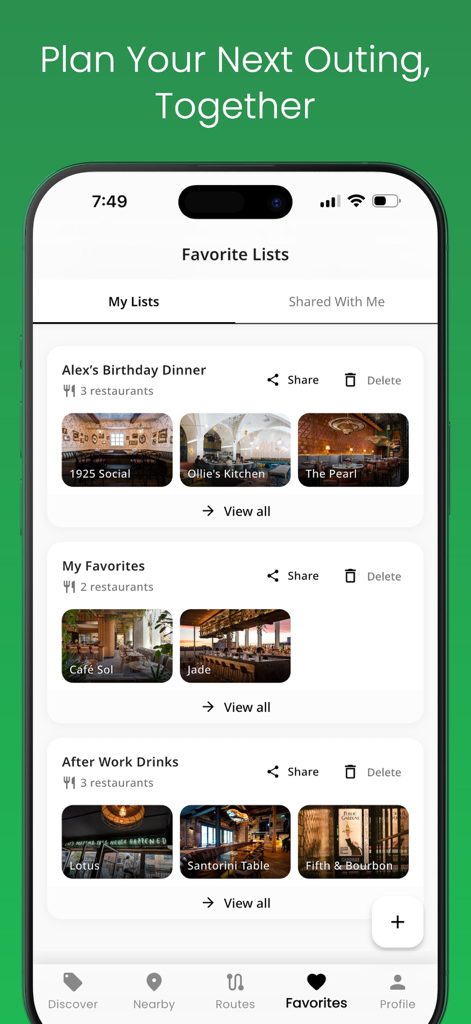 Schermata dell'app Happi Hour che mostra liste di ristoranti personalizzate per la pianificazione di uscite di gruppo