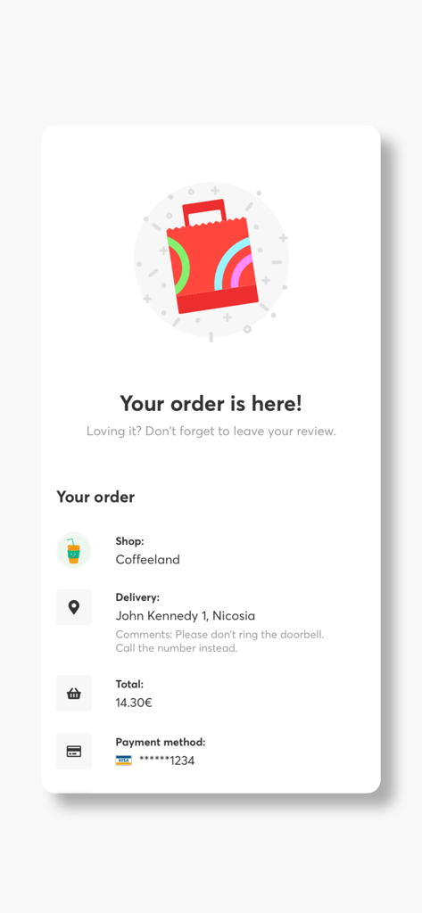 Foody Cyprus - Food Delivery - Schermata di conferma dell'ordine dall'app Foody Cipro che mostra informazioni sul negozio e indirizzo di consegna