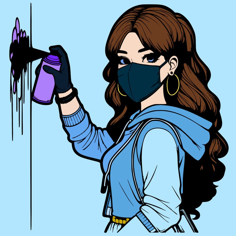 realistic girl with mask spray painting a wall