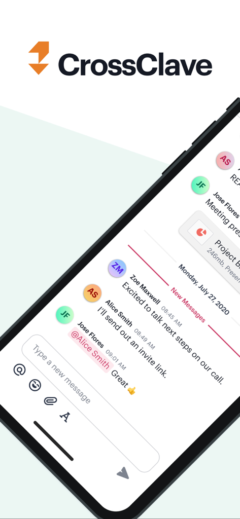 SpiderOak CrossClave - Smartphone screen showing the secure chat and file sharing interface of the SpiderOak CrossClave app
