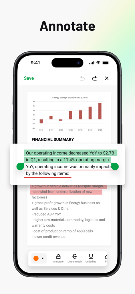 PDFドキュメントでのテキストのハイライトと下線を実証するモバイルアプリのインターフェース。