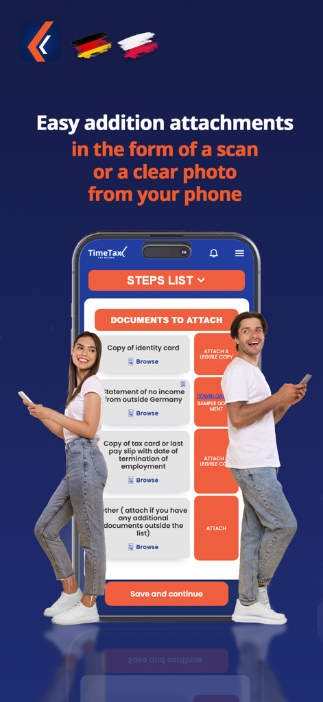 TimeTax App-Bildschirm zum Hochladen von Steuerdokumenten per Foto oder Scan