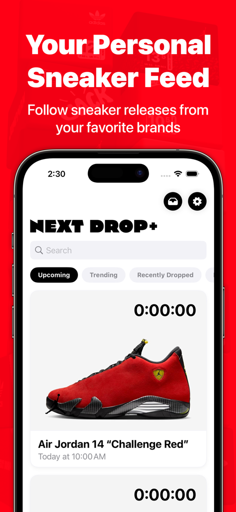 Next Drop – Sneaker Releases - Next Drop app screenshot showing a personalized sneaker release feed featuring the Air Jordan 14 Challenge Red.