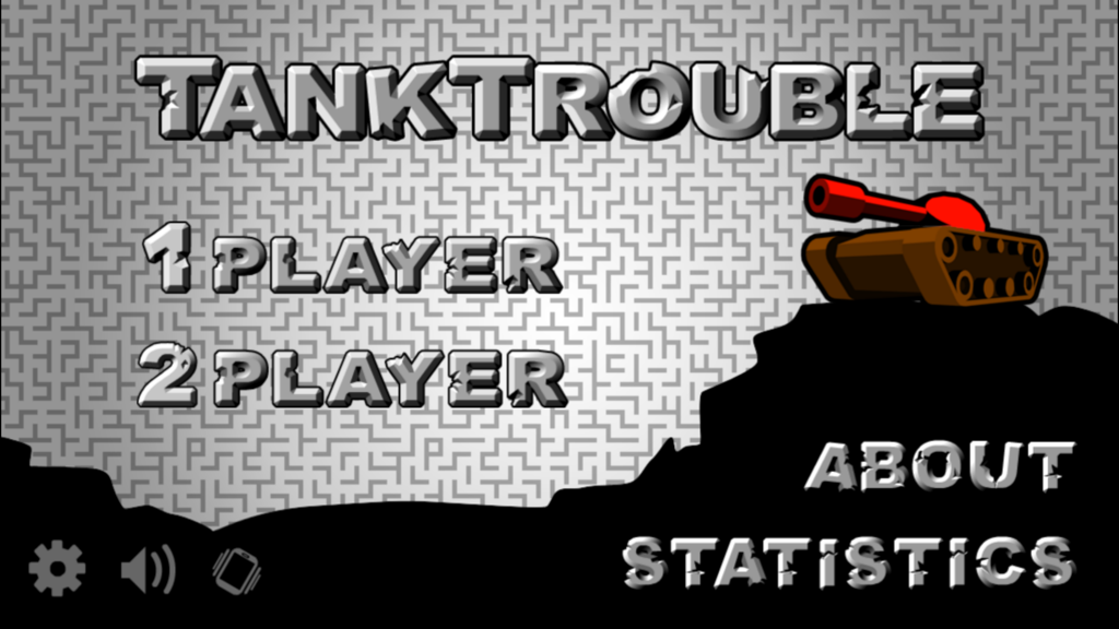 Main menu screen of TankTrouble Mobile Mayhem with 1 and 2 player options and a cartoon tank on a maze background.