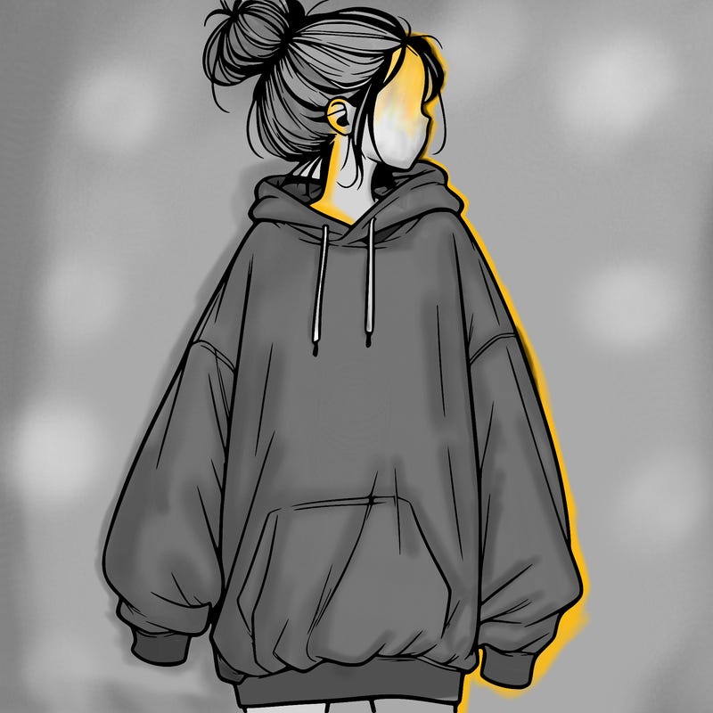 realistic girl with a oversized sweatshirt on and a bun