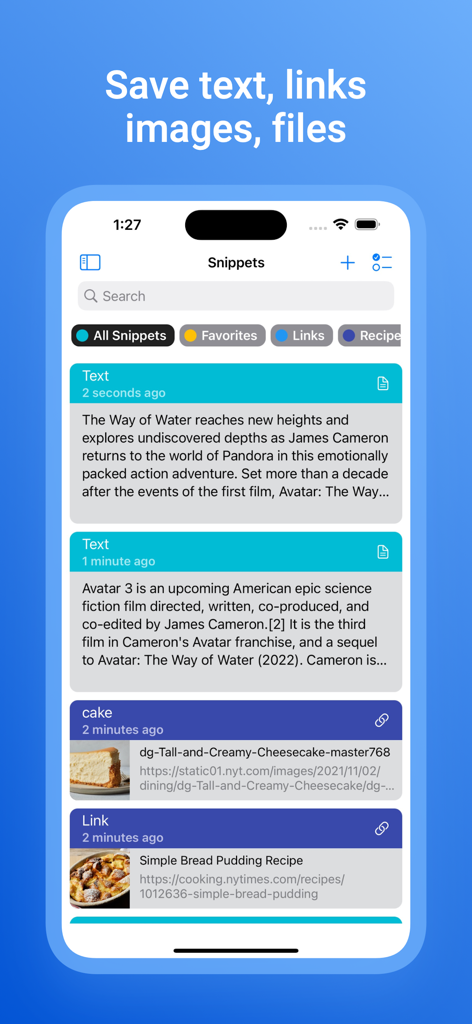 Clipboard Manager - Pycopaste - Interfaz de la aplicación Pycopaste que muestra fragmentos de texto, enlaces e imágenes organizados en un iPhone.