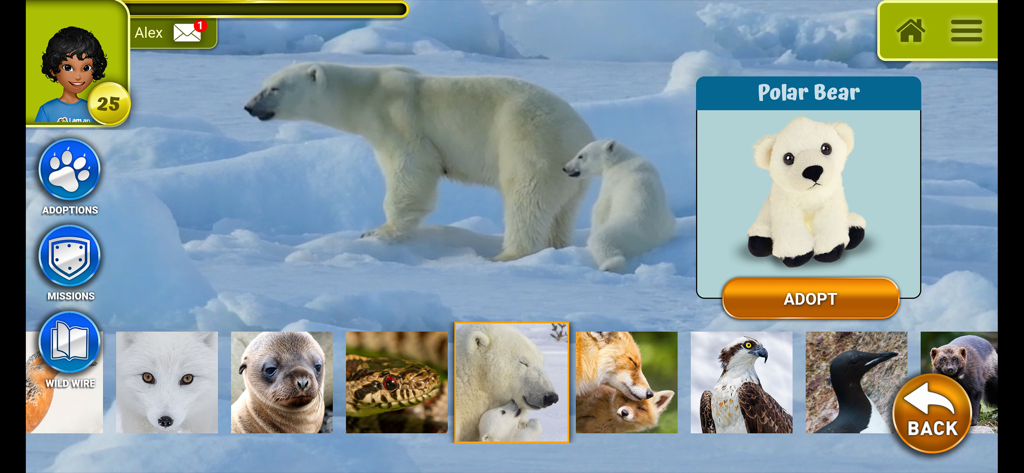 Earth Rangers - Earth Rangers app screen showing a polar bear adoption mission with a plush toy preview and various animal icons
