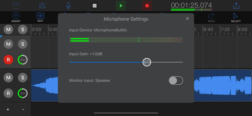 Microphone settings popup in EZAudioCut app showing input gain adjustment and level meters