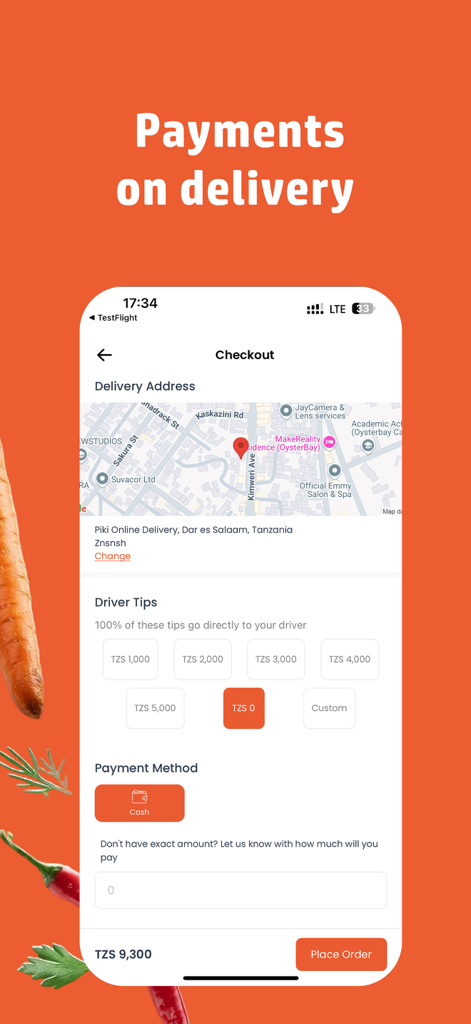 Piki: Food, Drinks & Groceries - Checkout screen of Piki app showing cash on delivery payment method and driver tip options