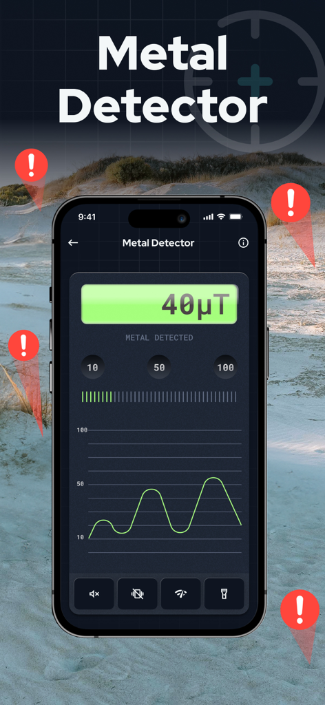 Metal detector app interface showing magnetic field readings and a signal graph