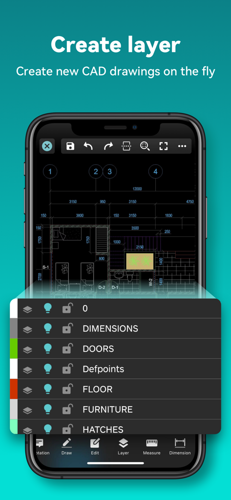 Interfaccia mobile di DWG FastView che mostra la gestione dei livelli CAD per un disegno di planimetria