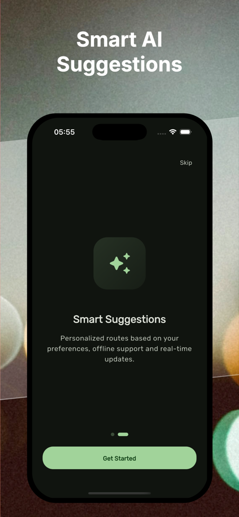 Route Mind app onboarding screen featuring smart AI suggestions for personalized travel routes