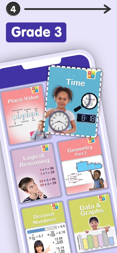 Smart Kidz Club app showing Grade 3 math curriculum topics like time geometry and logical reasoning