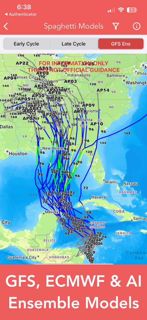 National Hurricane Center Data - Eine Karte, die Hurrikan-Spaghetti-Modelle mit GFS-, ECMWF- und KI-Ensemble-Verfolgungspfaden über die Vereinigten Staaten und den Golf von Mexiko anzeigt.