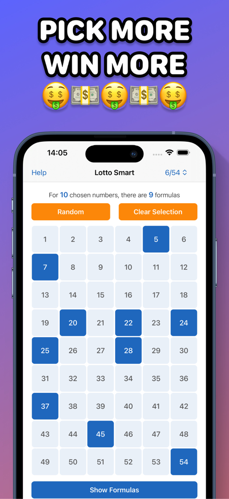 Lotto Lottery Number Generator - Smart number selection screen showing a grid of fifty four numbers with options to pick or use formulas