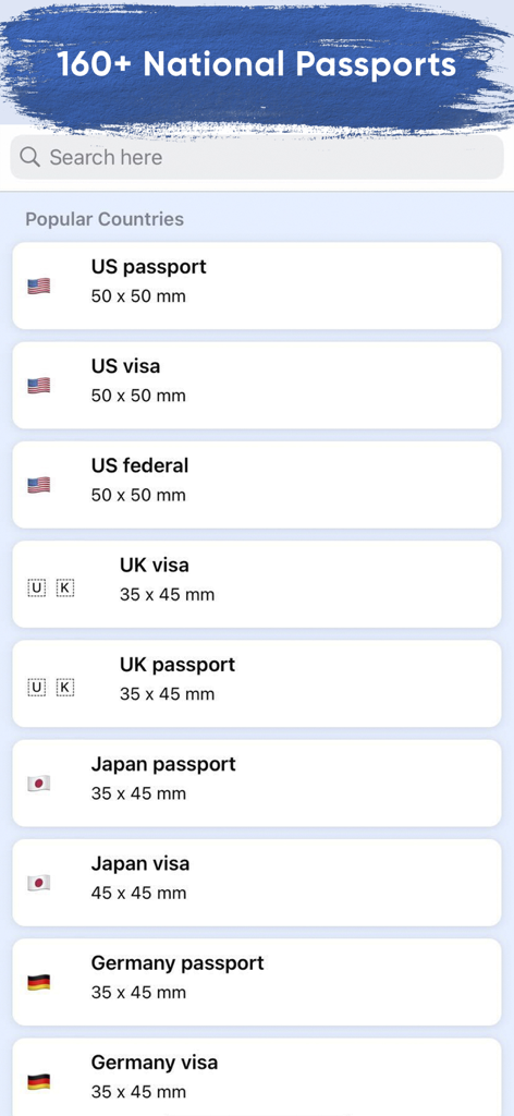 Passport photo maker - AI app - A list of various national passport and visa photo size requirements in the Passport Photo Maker app