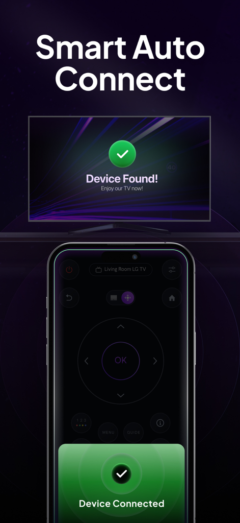 Universal Remote – TV Control - Universal Remote app showing a smartphone successfully connected to a smart TV using the smart auto connect feature