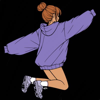 realistic girl jumping with a bun and oversized sweatshirt