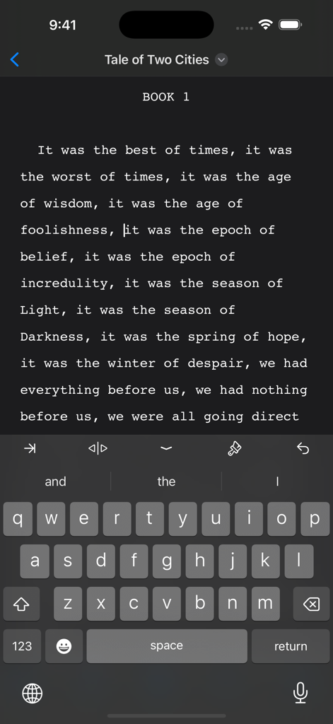Storyist 4 - Storyist 4 mobile app interface showing a novel manuscript editor in dark mode on an iPhone