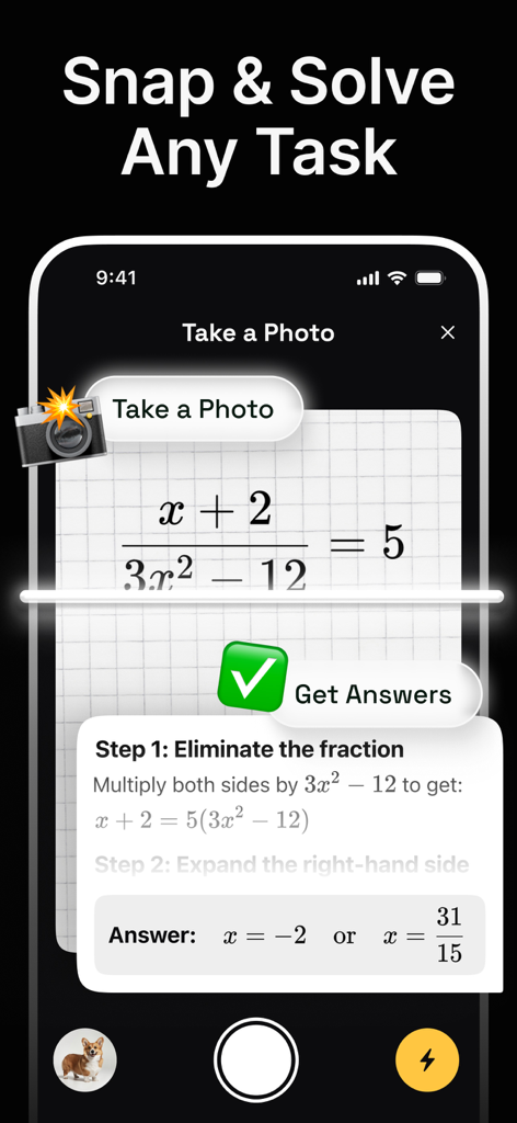 DeepChat - AI Chat Assistant - Un écran mobile montrant l'application IA DeepChat utilisant un appareil photo pour scanner et résoudre une équation mathématique complexe avec des instructions étape par étape
