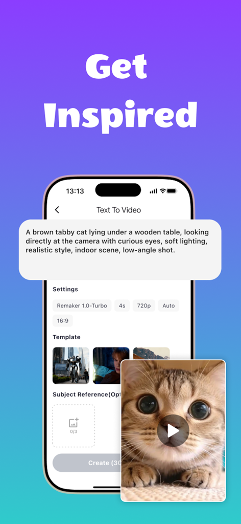 Screenshot of Remaker AI app showing the Text to Video interface with a cat video prompt and preview