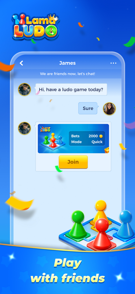 LamaLudo app chat interface showing a social game invitation and the text play with friends.