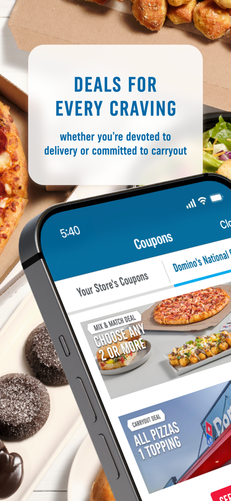 Domino's Pizza USA - Coupons screen on the Dominos Pizza USA app with mix and match deals