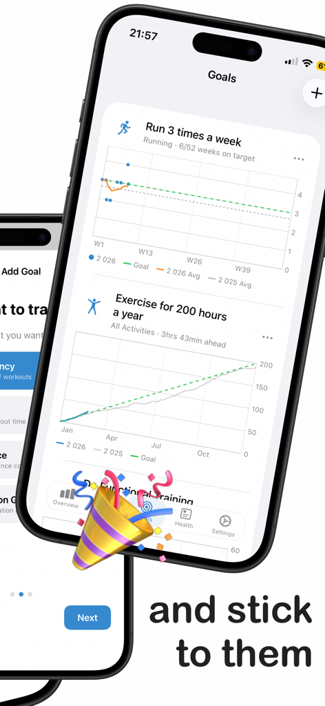 Stacking: For Runners - Panel de objetivos de la aplicación Stacking con gráficos de progreso de carrera y ejercicio