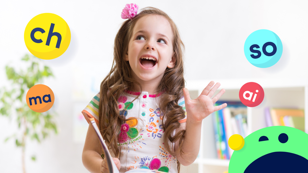 Montessori French Syllables - learn to read French words in a fun lab setting - Happy young girl learning French syllables with a Montessori educational app