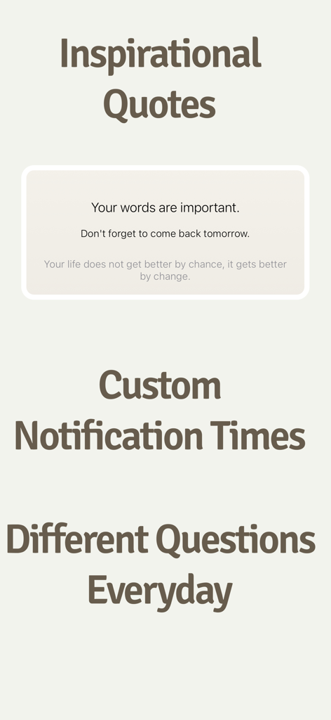 Life in Five: 5 min Journal - Captura de pantalla de las funciones de la aplicación Life in Five que muestran citas inspiradoras y configuraciones de notificación personalizadas
