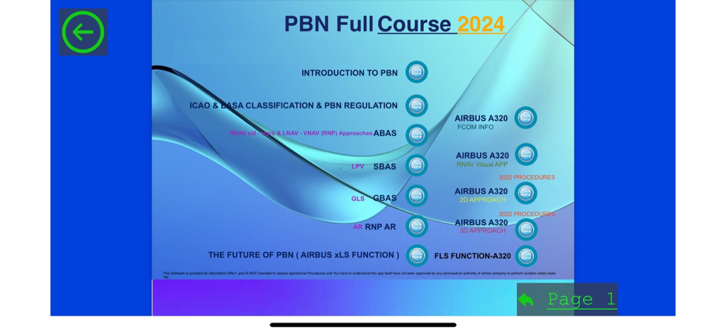 PBN For Pilots - Main menu of the PBN Full Course 2024 showing navigation modules and Airbus A320 specific procedures