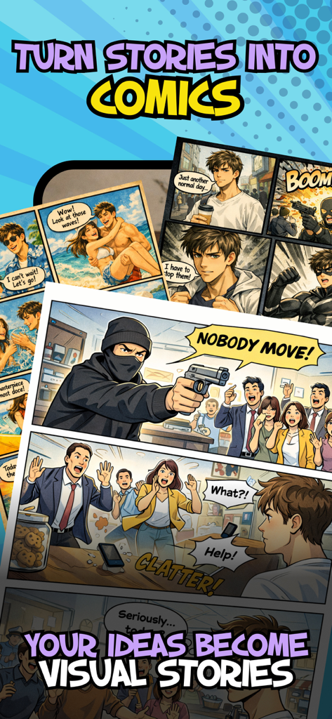 Toonly: AI Comic & Manga Maker - App interface showing diverse AI generated comic panels in manga and manhwa styles