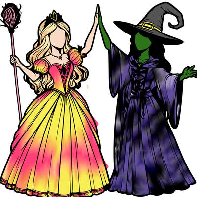 detailed realistic split of a princess and a witch